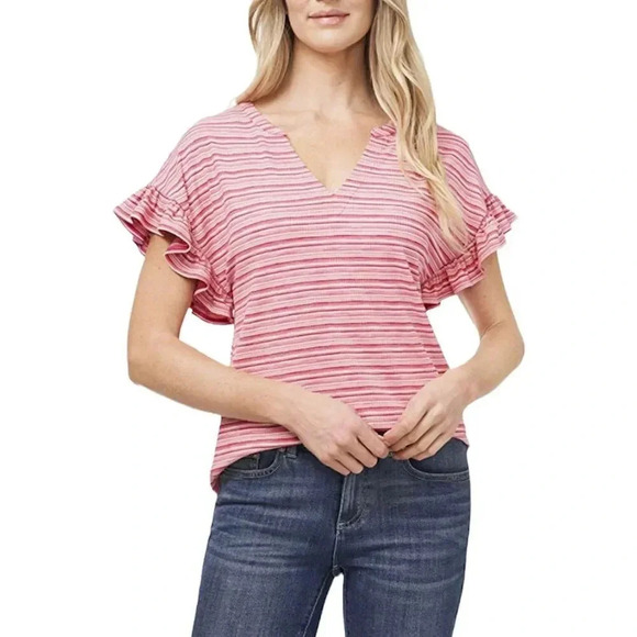 CeCe Bright Rose Rib Knit Ruffle Sleeve Top XS - Picture 1 of 4